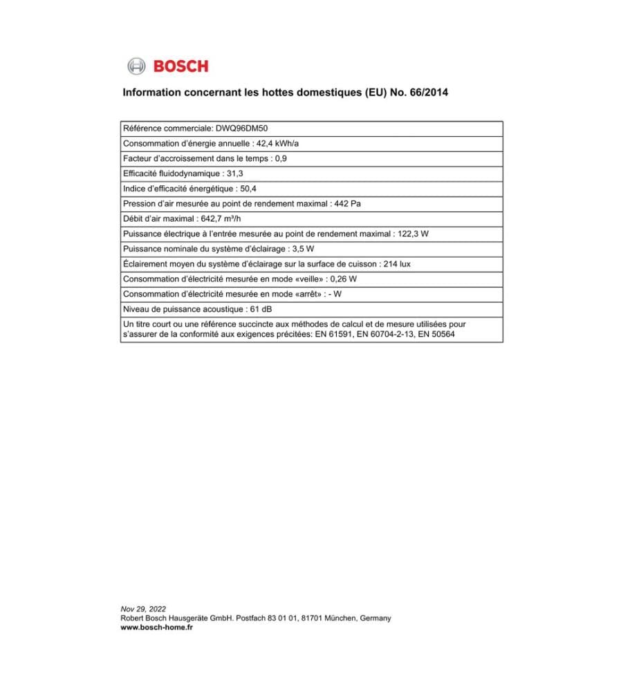 Hotte décorative murale BOSCH - Modèle : DWQ 96 DM 50