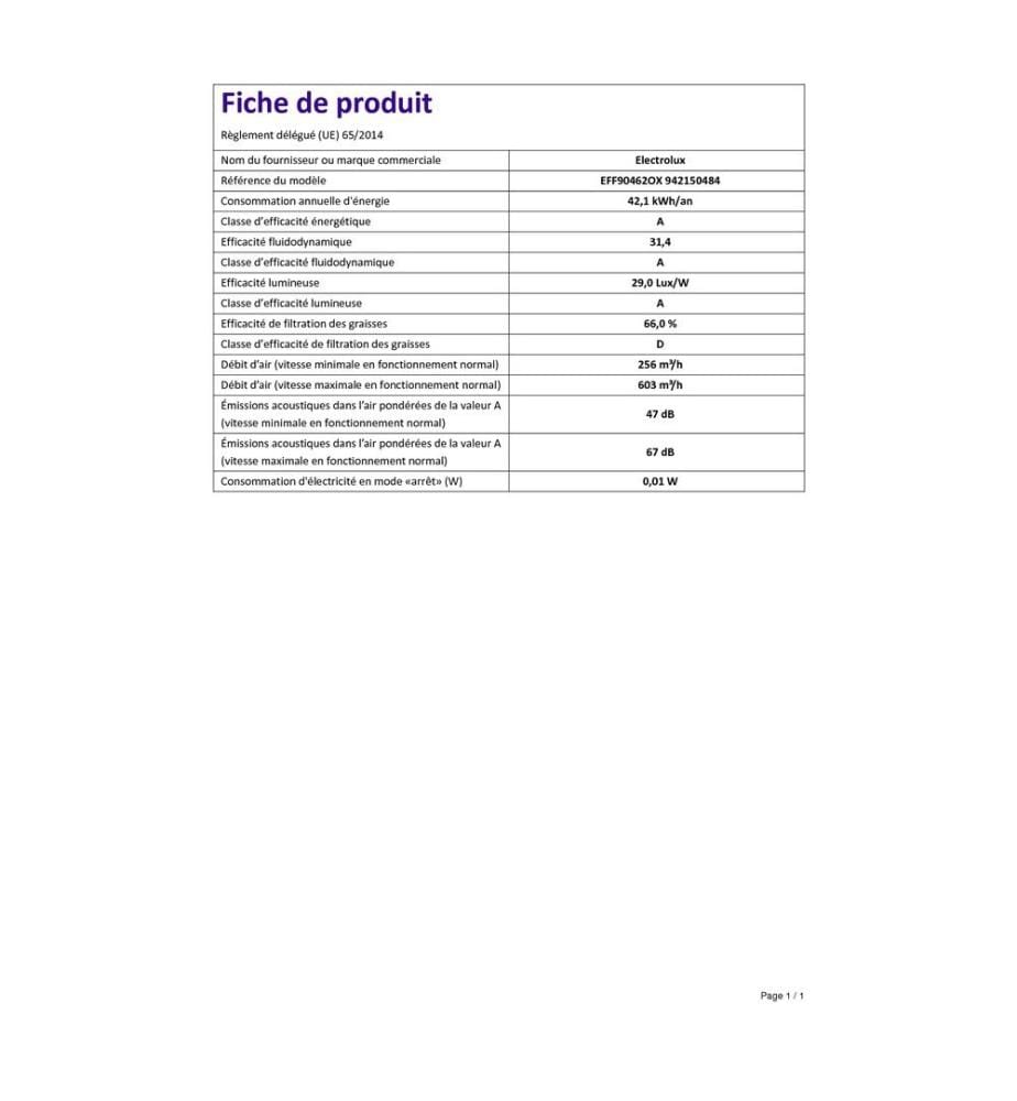 Hotte décorative murale ELECTROLUX - Modèle : EFF 90462 OX