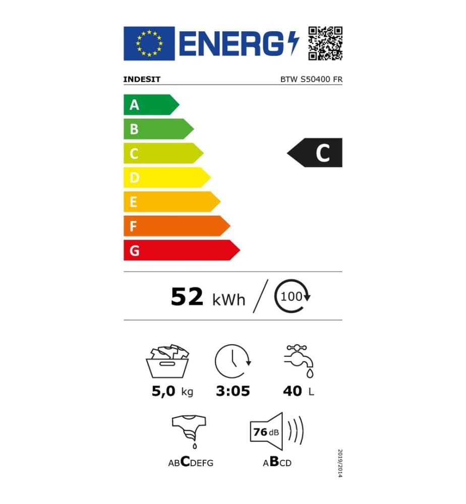 Lave-linge top INDESIT - Modèle : BTWS50400FR