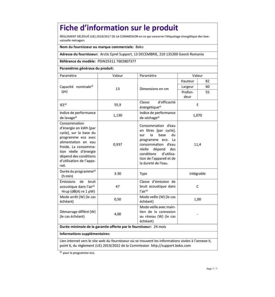 BEKO-Geschirrspüler - Modell: PDIN 25311