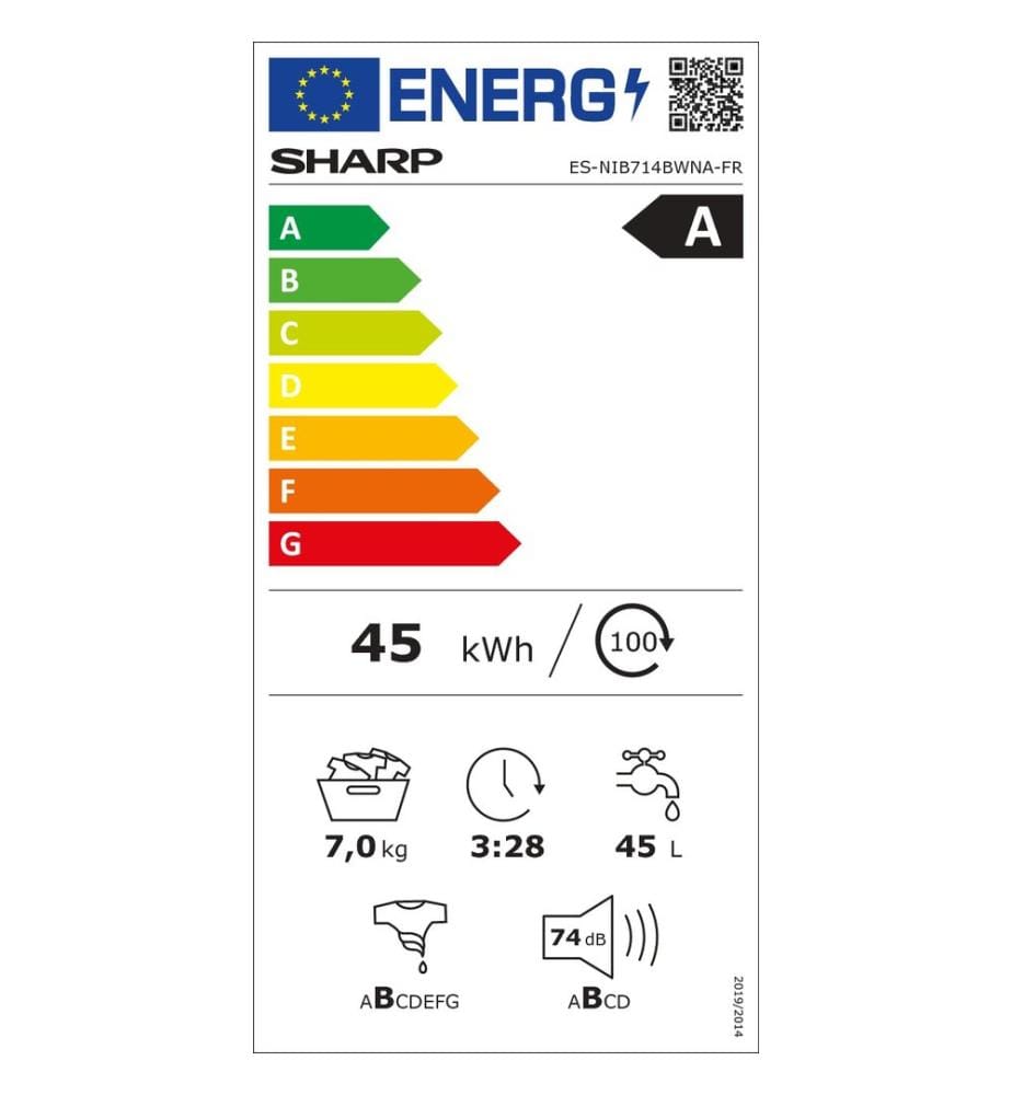 Lave-linge intégrable SHARP - Modèle : ESNIB714BWNA