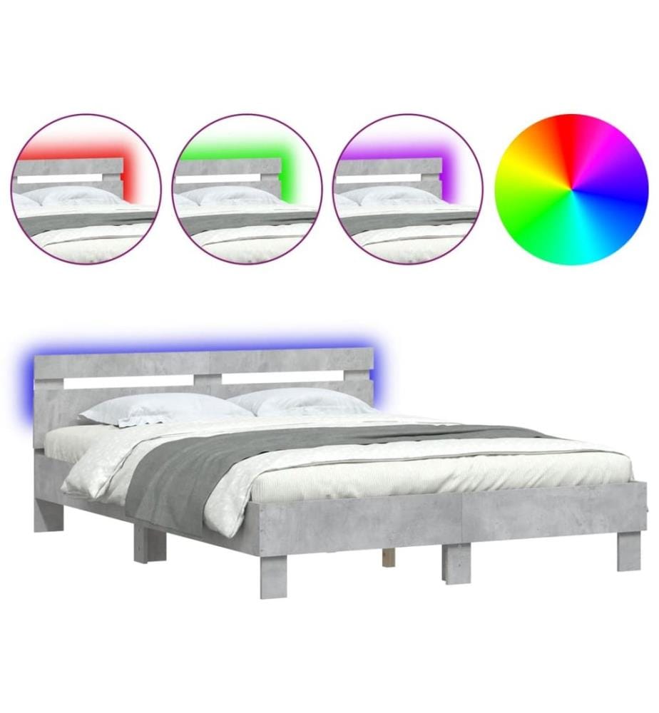 Cadre de lit avec LED sans matelas gris béton 140x200 cm