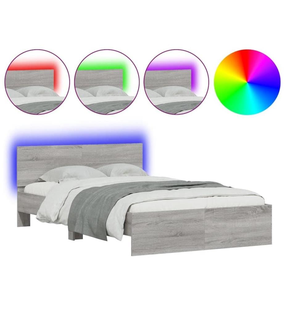 Bettgestell mit Kopfteil LED-Beleuchtung Grau Sonoma 140x190 cm