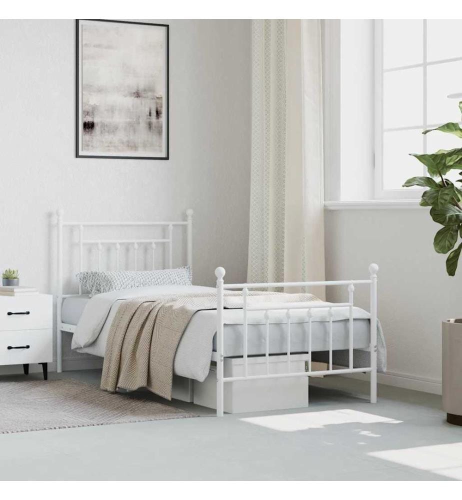Cadre de lit métal sans matelas avec pied de lit blanc 90x200cm