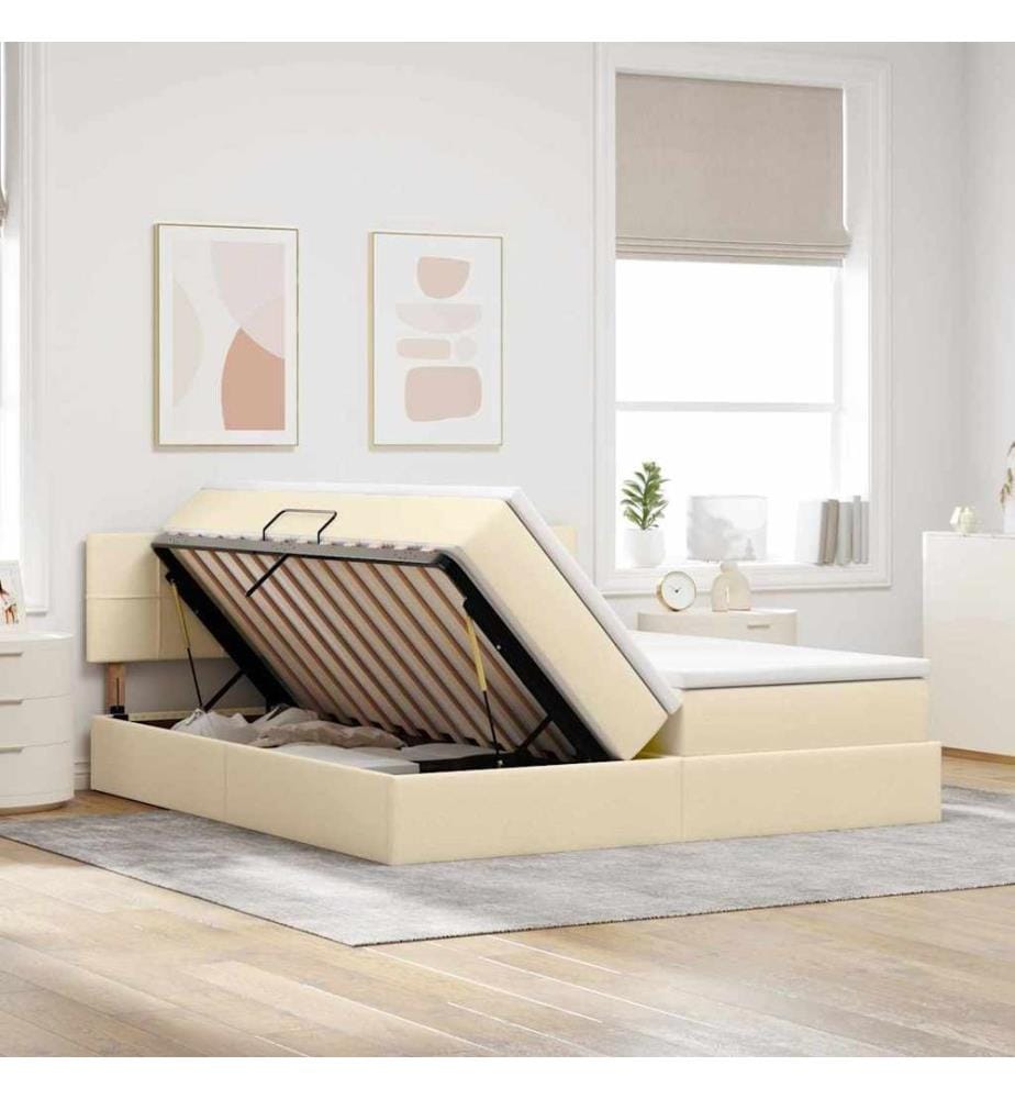 Bett mit LED-Lichtleisten mit Kopfteil Creme 180 x 200 cm Stoff