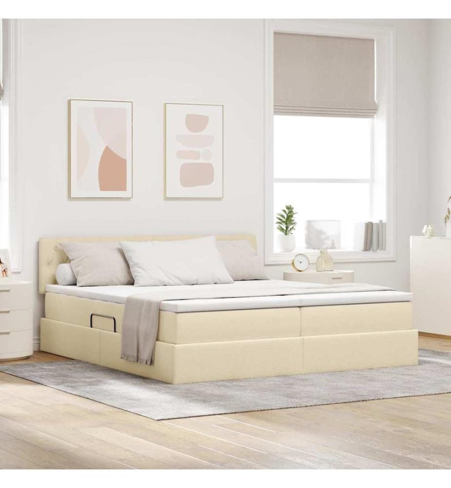 Bett mit LED-Lichtleisten mit Kopfteil Creme 180 x 200 cm Stoff