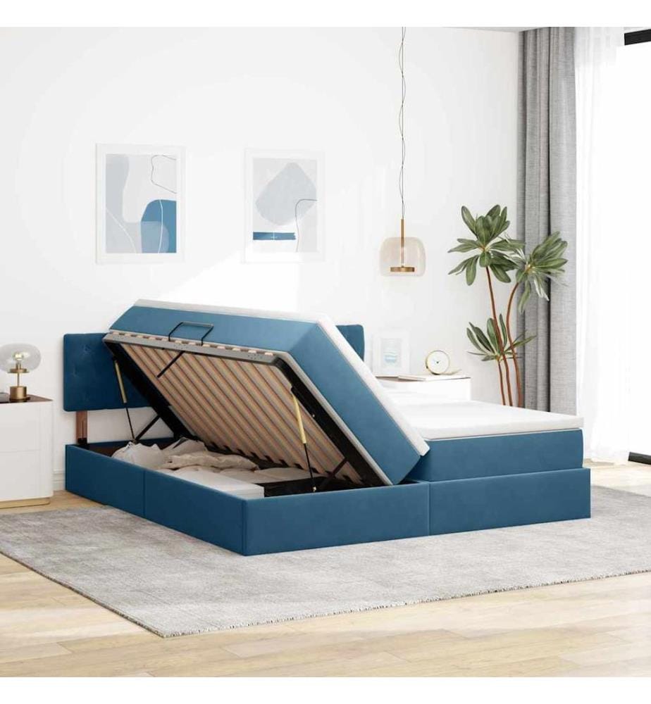 Bett mit LED-Lichtleisten Dunkelblau 200 x 200 cm Samt