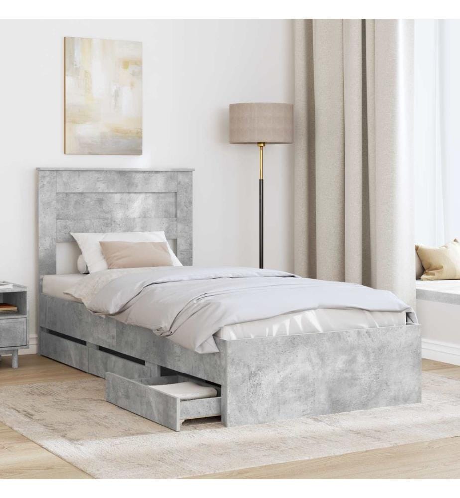 Bettrahmen mit Kopfteil Beton Grau 90 x 200 cm Ingenieurs Holz