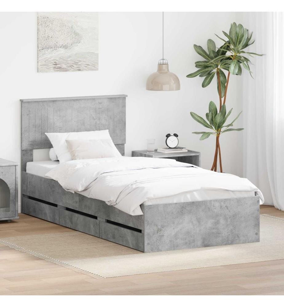 Bettrahmen mit Kopfteil Beton Grau 90 x 200 cm Ingenieurs Holz