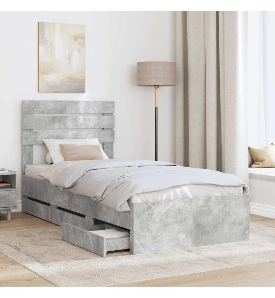 Bettrahmen mit Kopfteil Beton Grau 90 x 190 cm Ingenieurs Holz