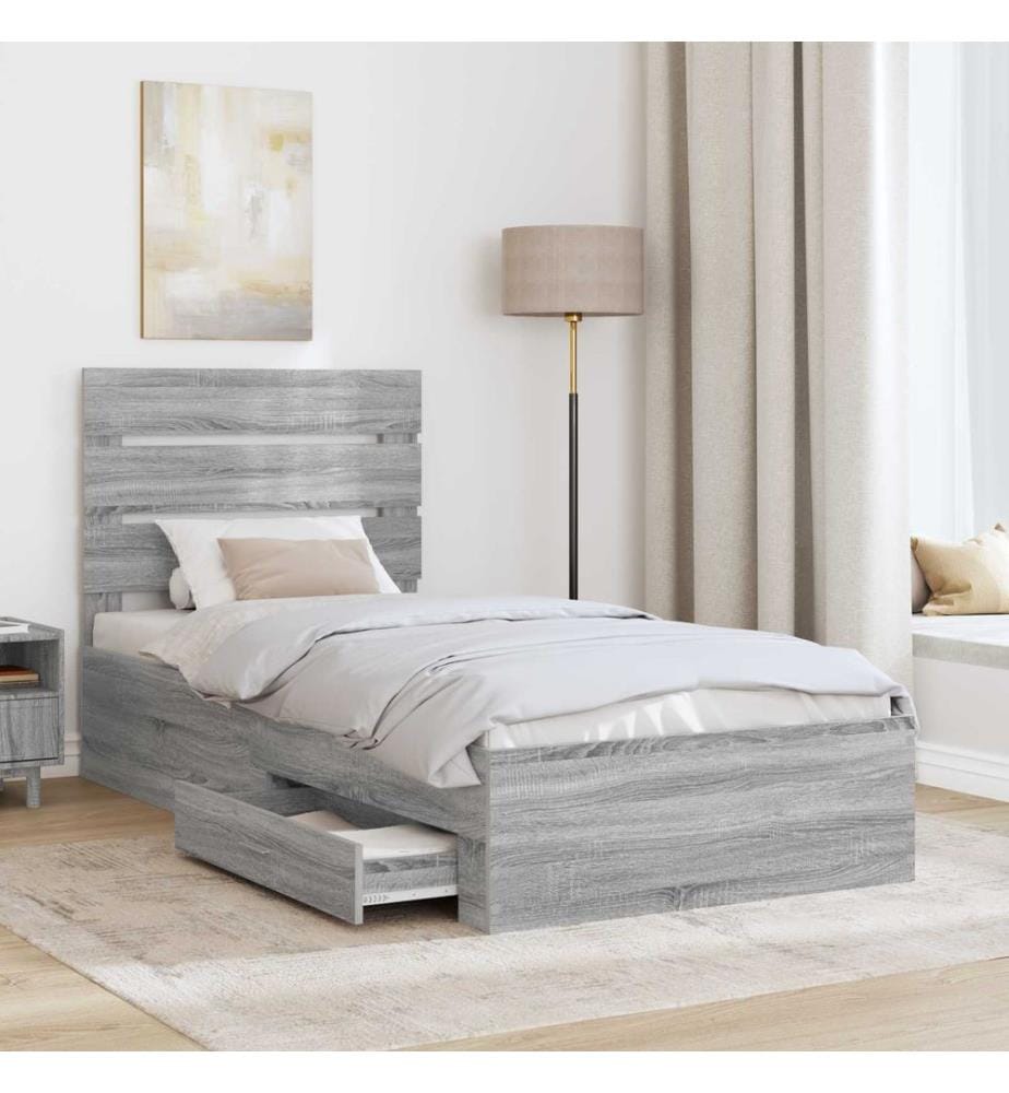 Cadre de lit avec tiroir Sonoma Gris et Argent 75 x 190 cm