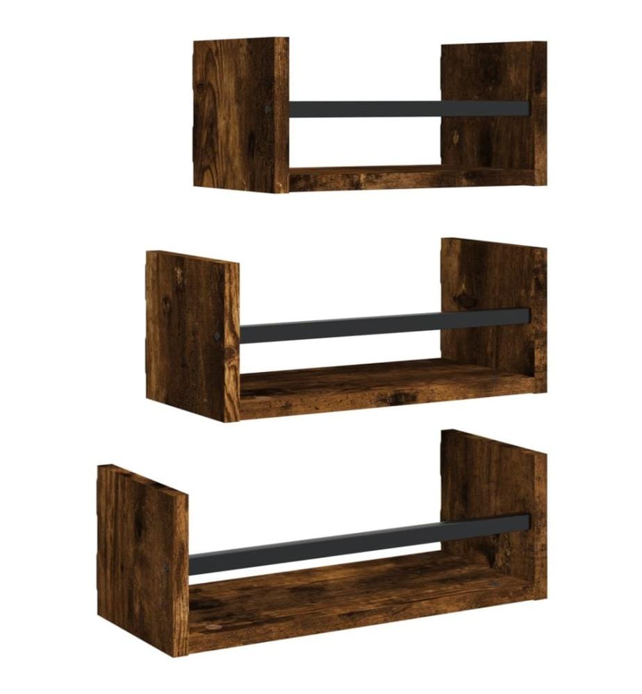 3-tlg. Wandregal-Set mit Stangen Räuchereiche Holzwerkstoff