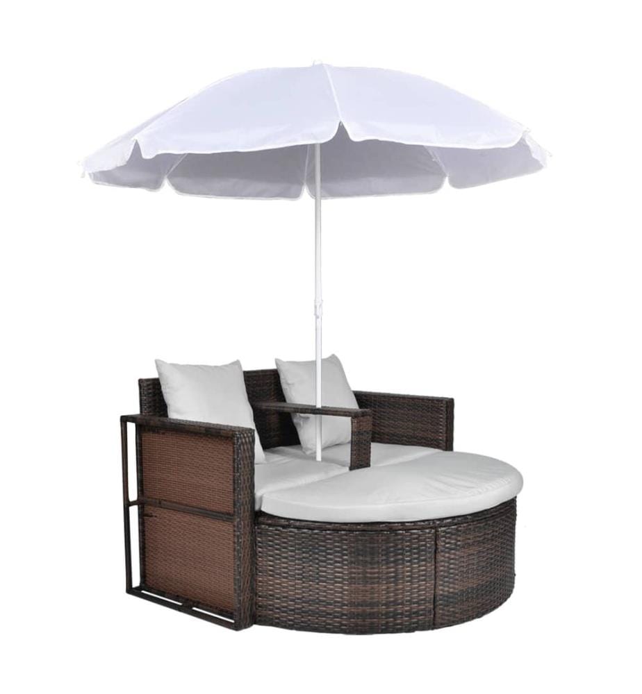 Gartenbett mit Sonnenschirm Braun Poly Rattan