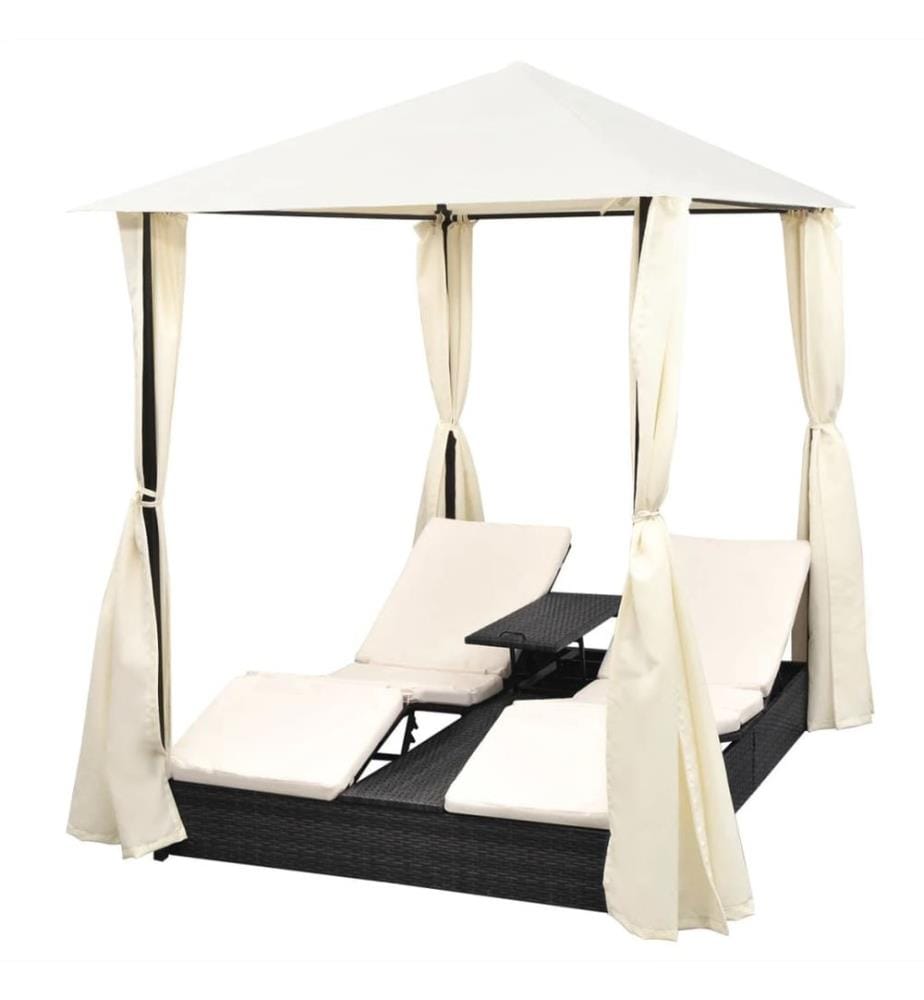 Doppel-Sonnenliege mit Vorhang Poly Rattan Schwarz