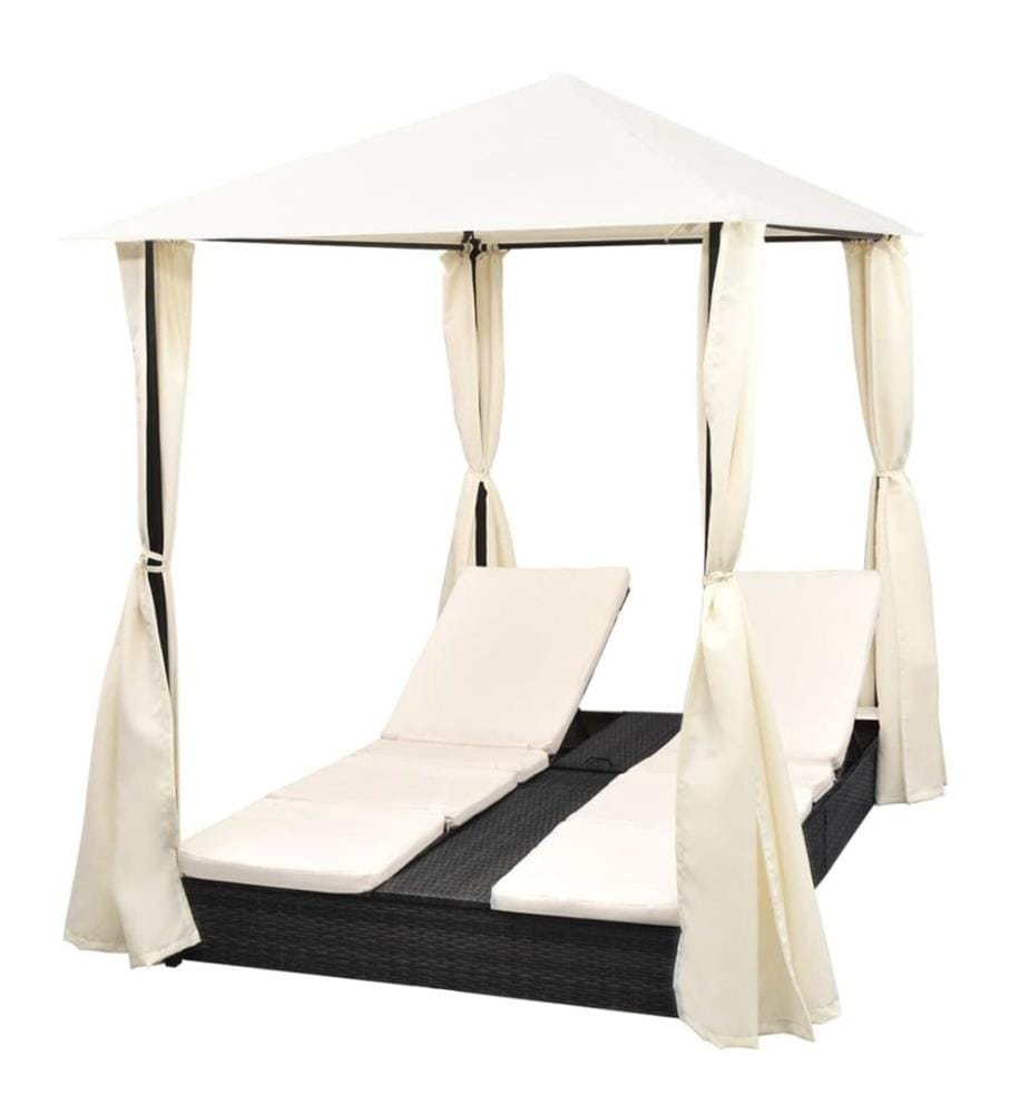 Doppel-Sonnenliege mit Vorhang Poly Rattan Schwarz