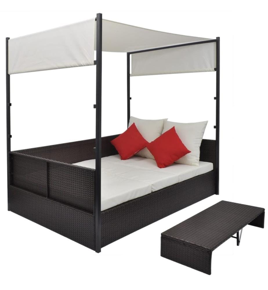 Gartenbett mit Baldachin Braun 190×130 cm Poly Rattan