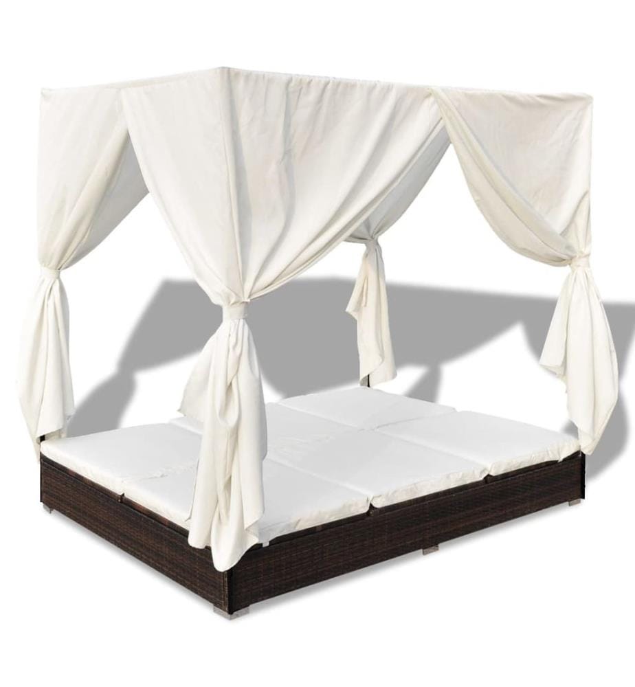 Outdoor-Loungebett mit Vorhang Poly Rattan Braun