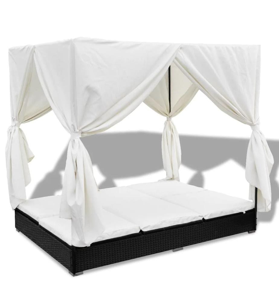 Outdoor-Loungebett mit Vorhang Poly Rattan Schwarz