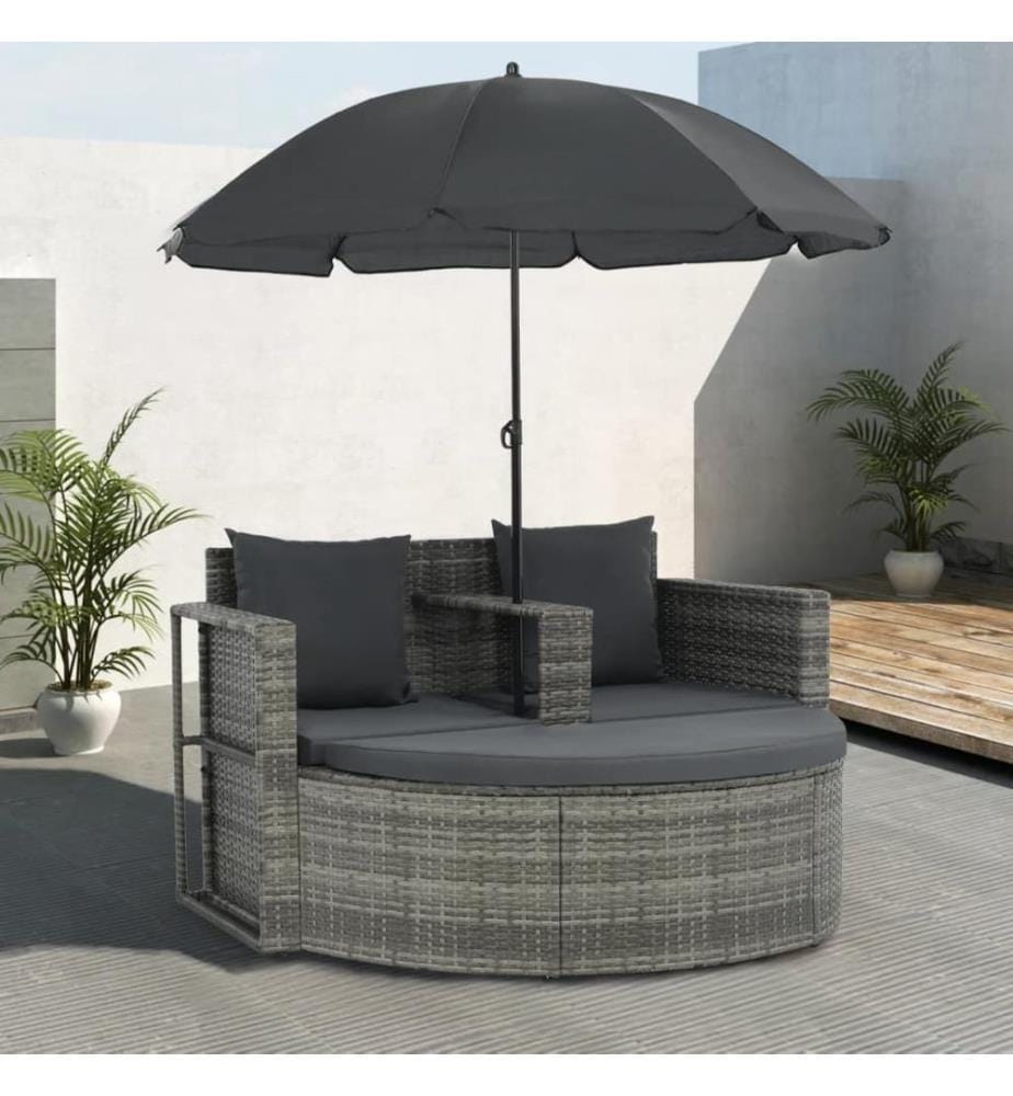 Gartenbett mit Sonnenschirm Grau Poly Rattan