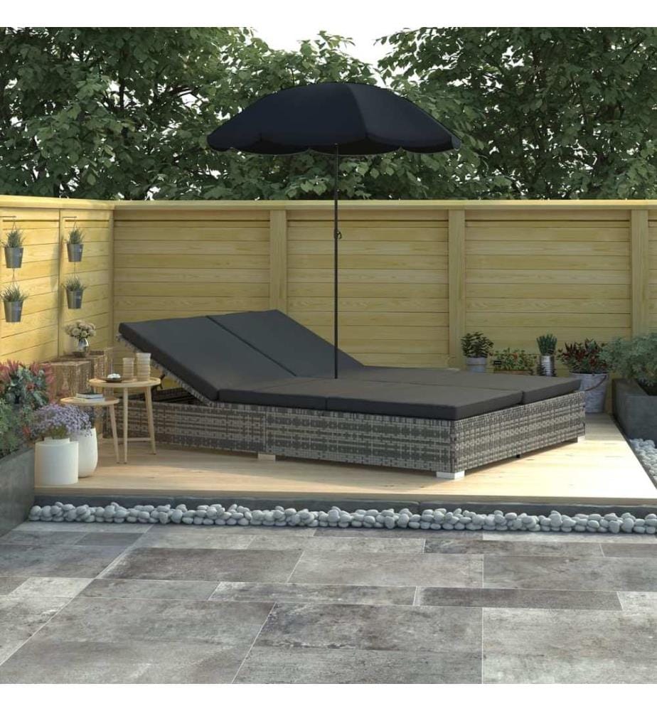 Outdoor-Loungebett mit Sonnenschirm Poly Rattan Grau