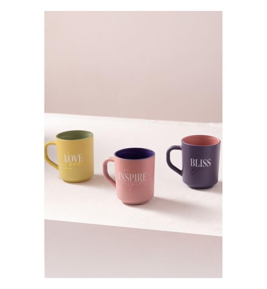 Mug Set, 3 Pieces, Pink, Yellow, Purple, 100% GLASS