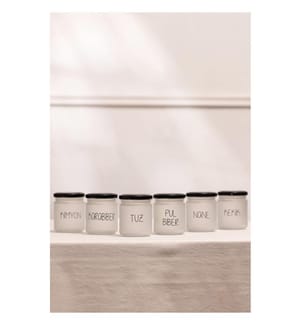 Spice Jar Set, 6 Pieces, White, Black, 100% GLASS