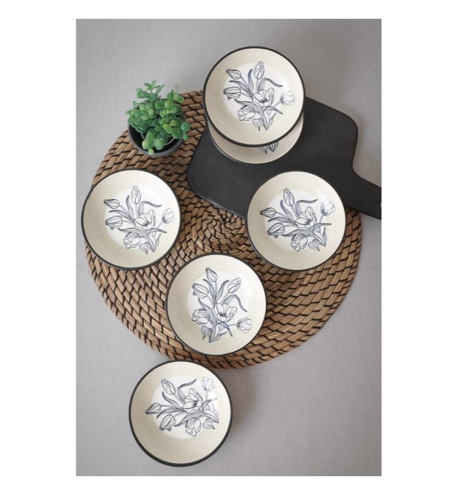Bowl Set, 6 Pieces, White, Dark Blue, 100% CERAMIC STONEWARE