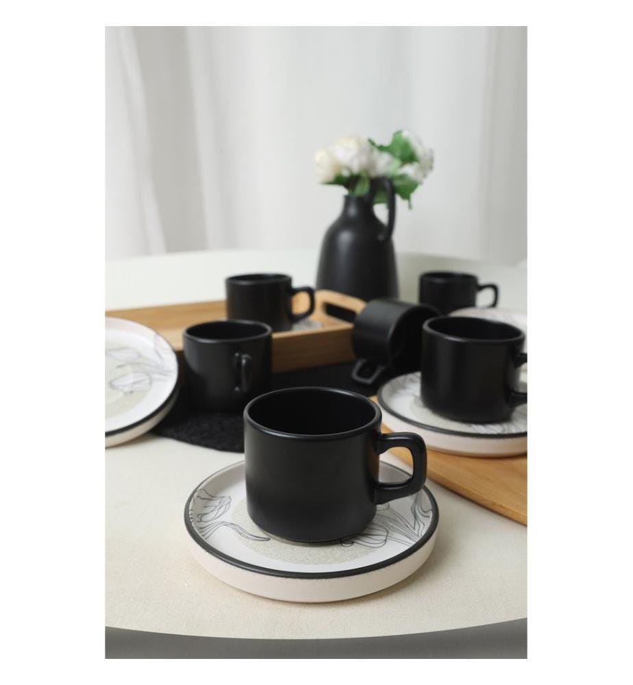 Coffee Cup Set, 12 Pieces, White, Black, 100% CERAMIC STONEWARE