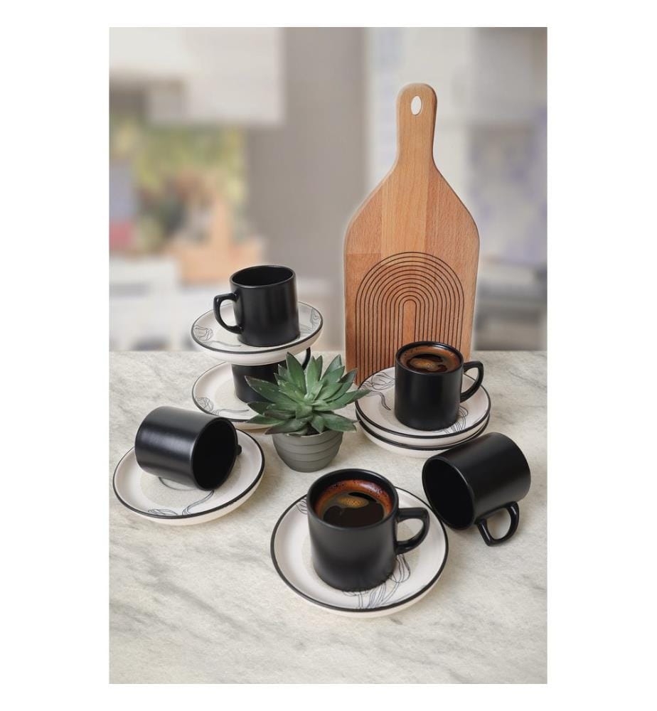 Coffee Cup Set, 12 Pieces, White, Black, 100% CERAMIC STONEWARE