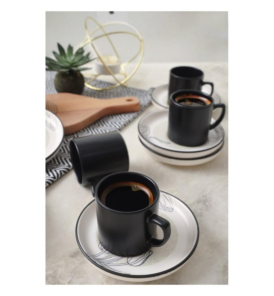 Coffee Cup Set, 12 Pieces, White, Black, 100% CERAMIC STONEWARE