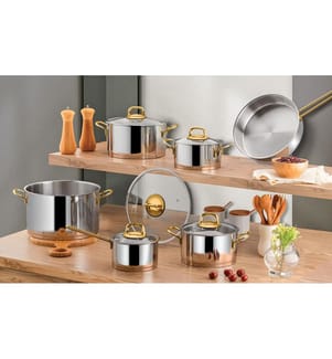 Pot Set, 11 Pieces, Silver, Gold, 100% STAINLESS STEEL