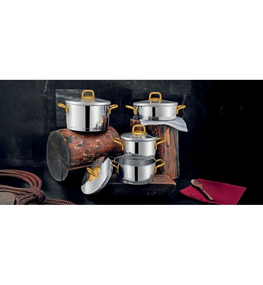 Pot Set, 8 Pieces, Silver, Gold, 100% STAINLESS STEEL