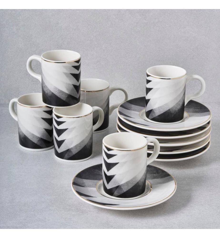 Coffee Cup Set, 12 Pieces, Black, White, Grey, 100% PORCELAIN