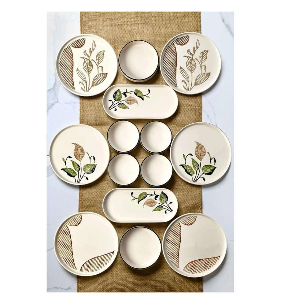 Breakfast Set, 14 Pieces, Brown, Green, 100% CERAMIC