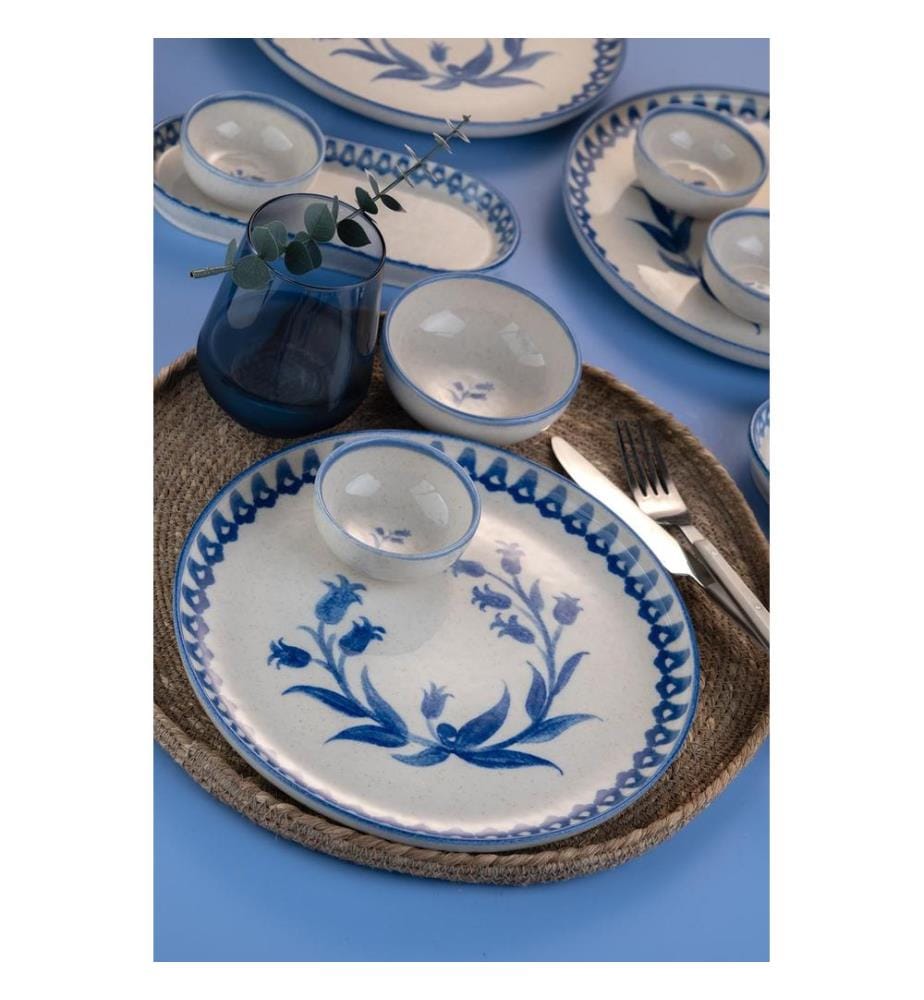 Service de petit-déjeuner, 14 pièces, crème, bleu, 100 % PORCELAINE