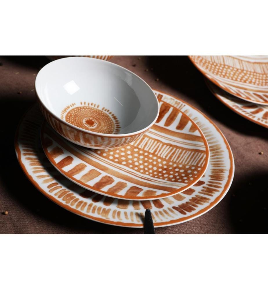 Geschirrset, 24-teilig, Braun-Weiss, 100 % PORZELLAN