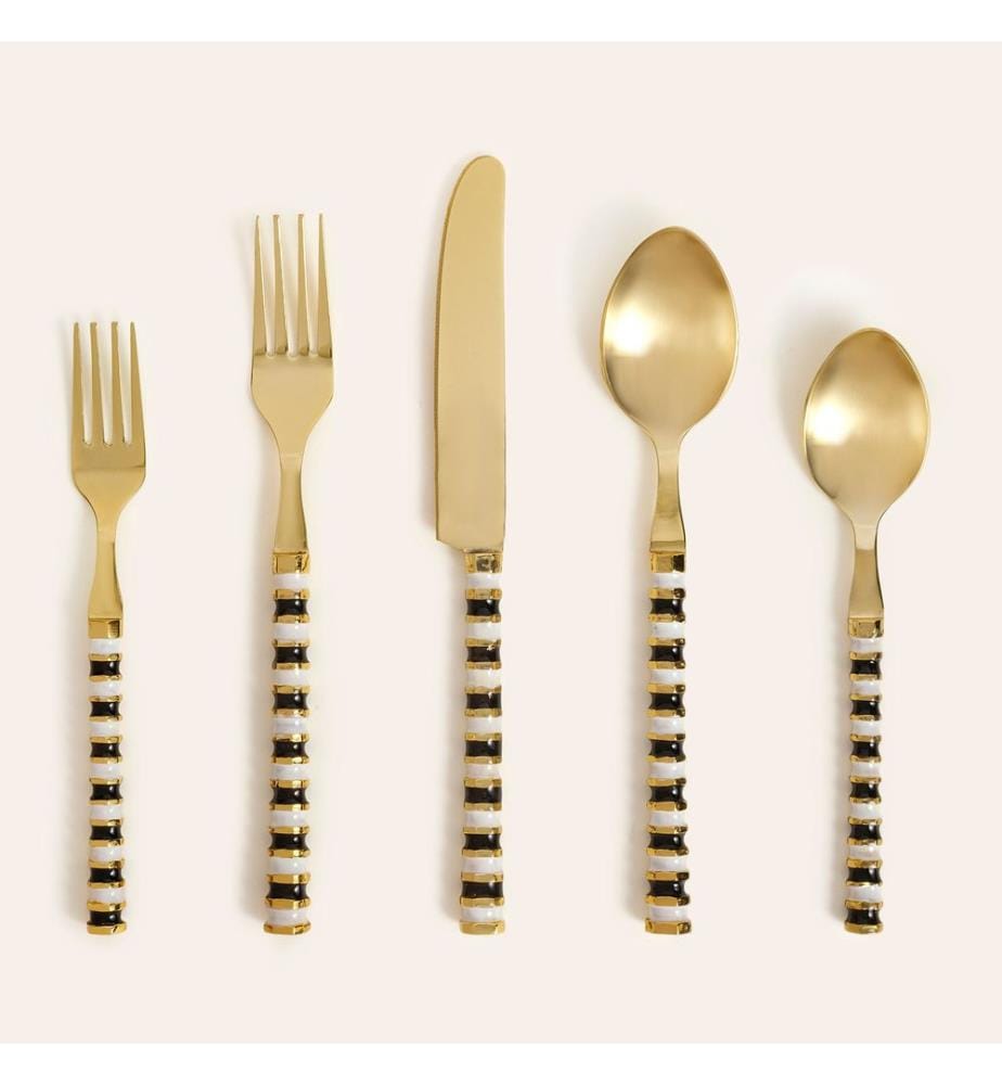 Cutlery Set, 5 Pieces, Black, White, STAINLESS STEEL / BRASS