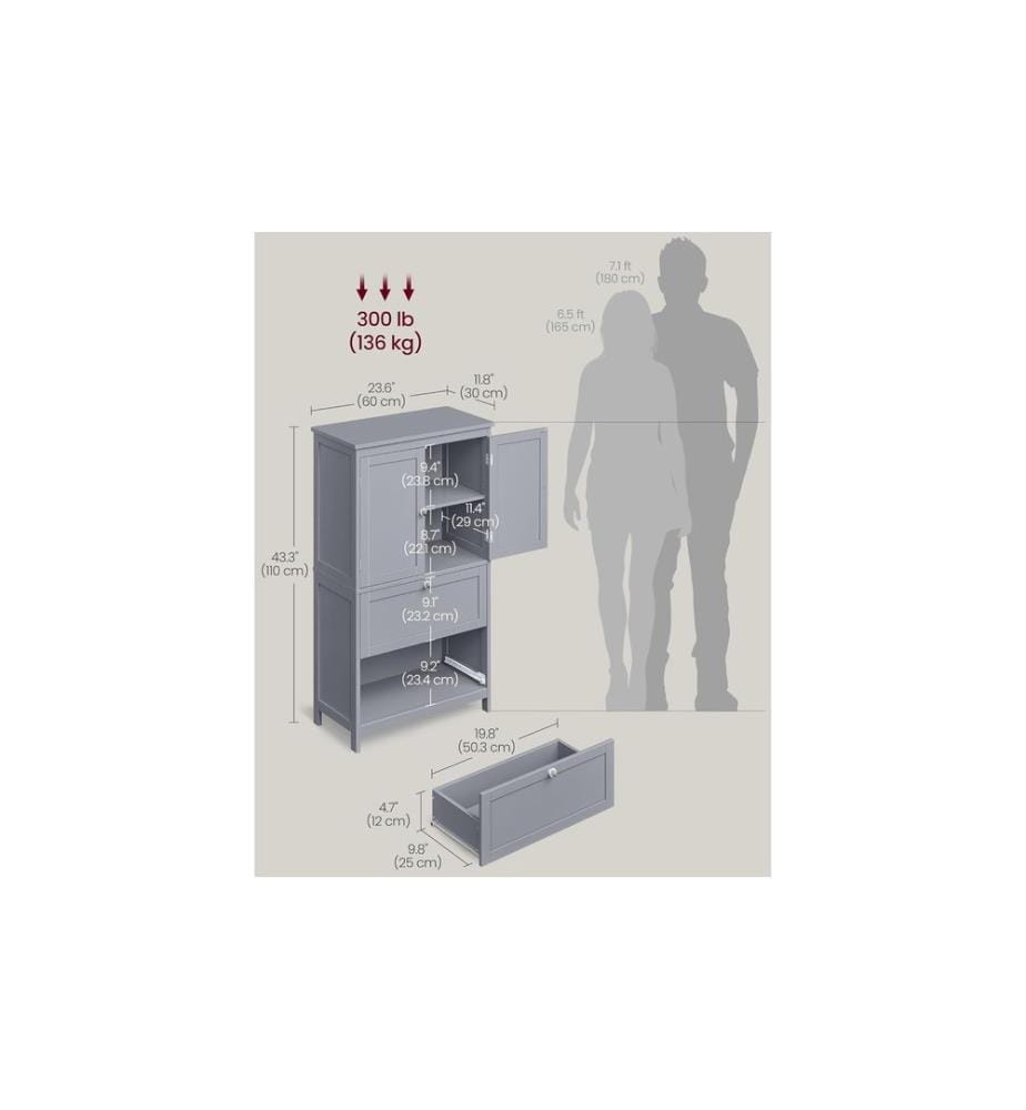 VASAGLE - Commode dans le style maison de campagne 60 x 110 cm, Gris
