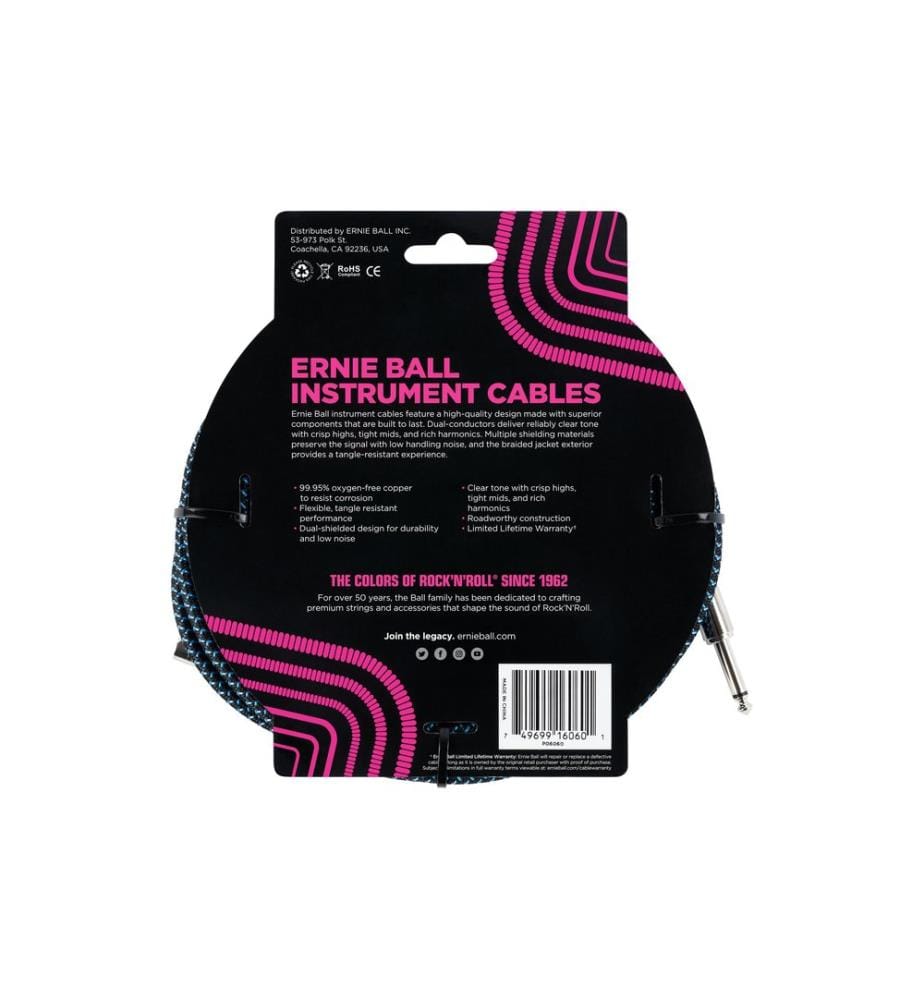 Ernie Ball - Câbles d'instruments 6060 - 7.62 m, Bleu/Noir