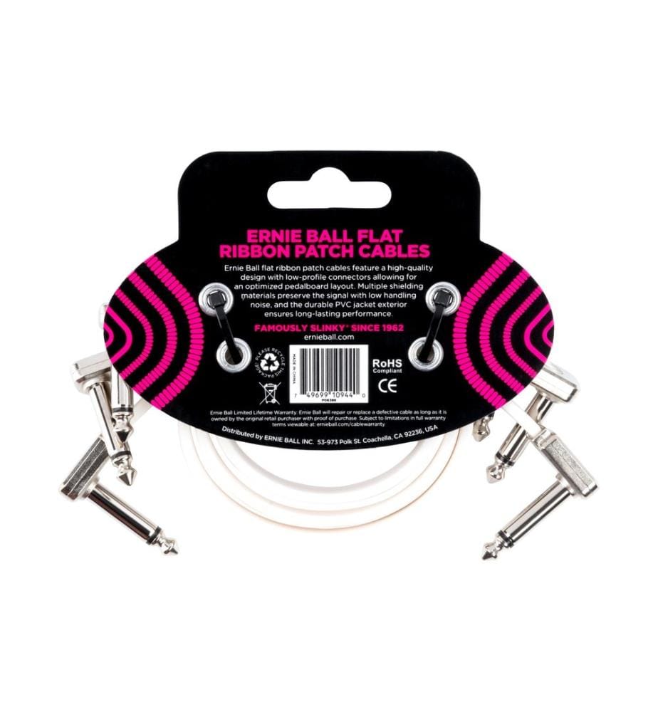 Ernie Ball - Câble patch 6386 Flat Ribbon, Paquet de 3 – 0.3 m, Blanc