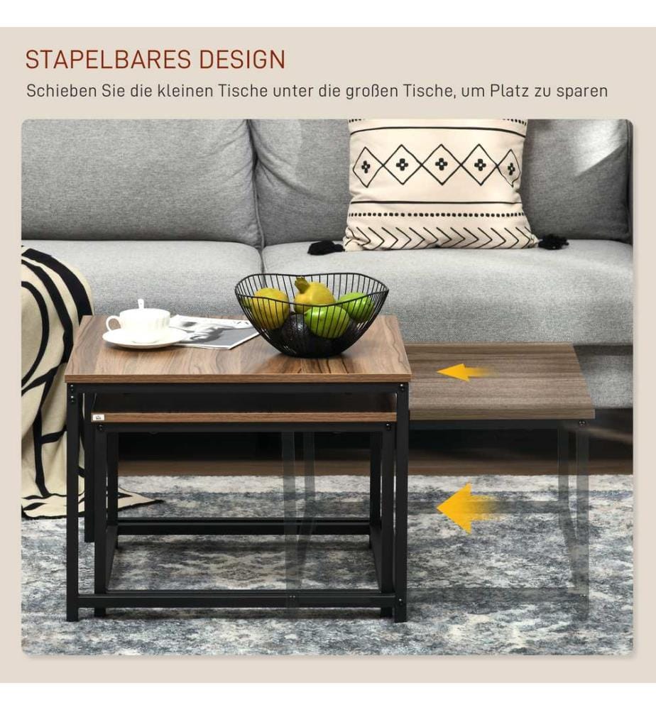 Lot de 2 tables basses, style industriel, noir avec finition aspect bois