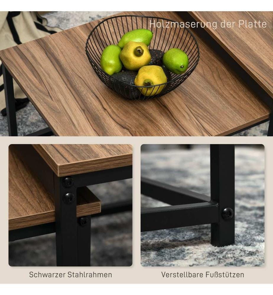 Lot de 2 tables basses, style industriel, noir avec finition aspect bois