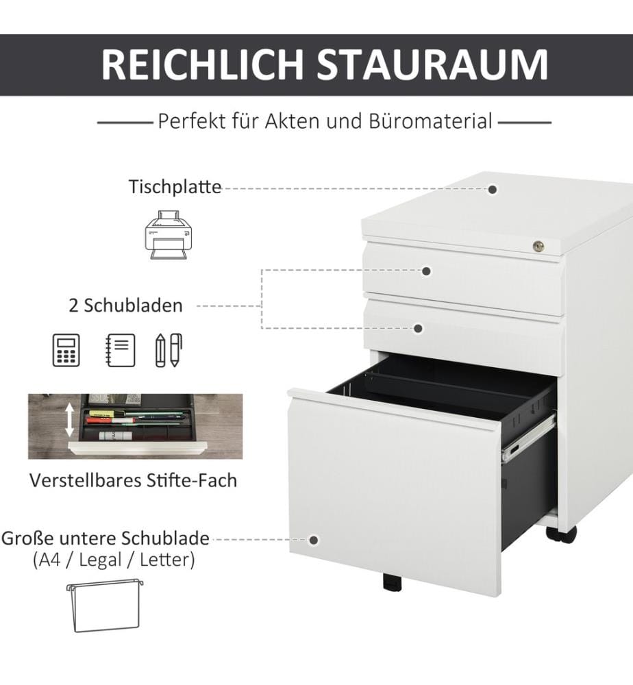 Caisson à roulettes de bureau, verrouillable, 3 tiroirs, blanc