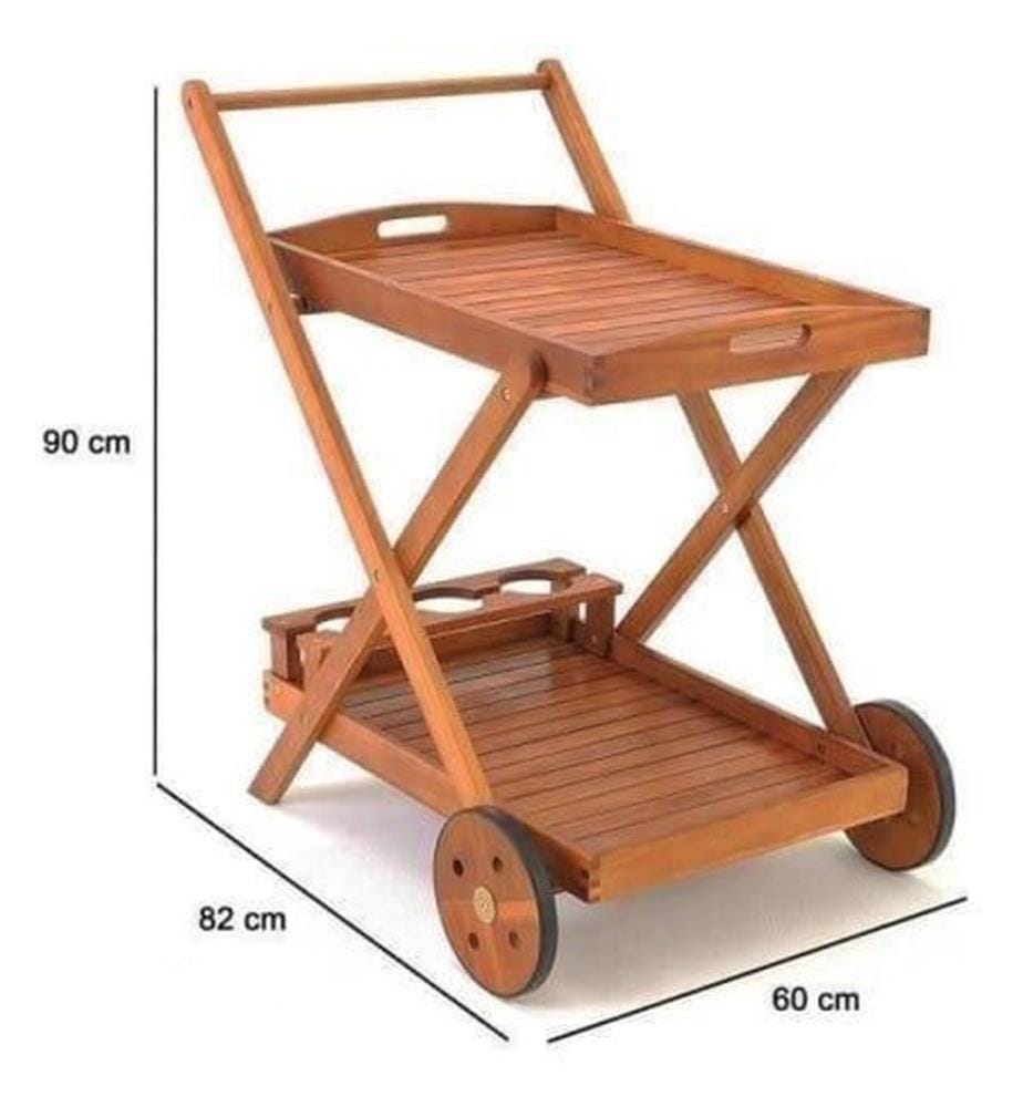 Chariot de service en bois d'acacia avec plateau amovible