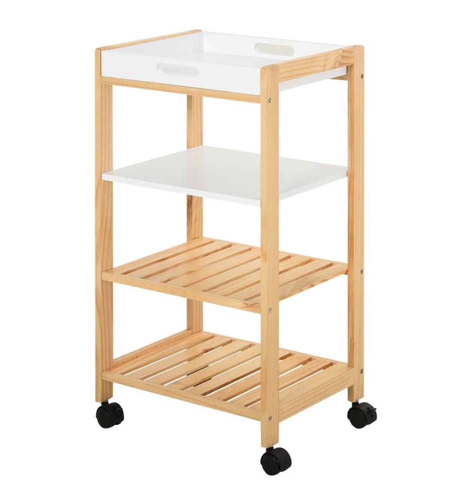 Chariot de service, chariot de cuisine avec plateau en pin, 40 x 30 x 76 cm