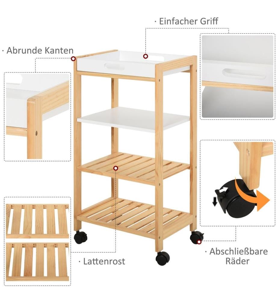 Chariot de service, chariot de cuisine avec plateau en pin, 40 x 30 x 76 cm