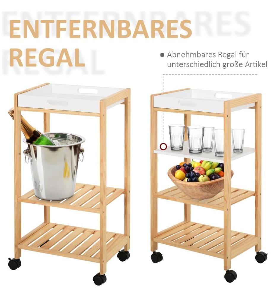 Chariot de service, chariot de cuisine avec plateau en pin, 40 x 30 x 76 cm