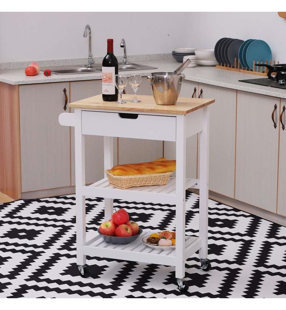 Chariot de service, chariot de cuisine, chariot de cuisine avec tiroir, style cottage, blanc
