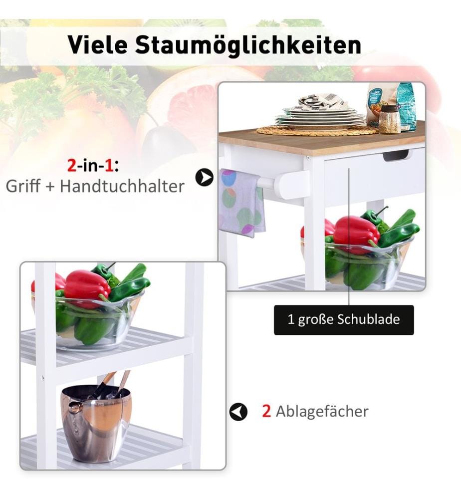 Chariot de service, chariot de cuisine, chariot de cuisine avec tiroir, style cottage, blanc
