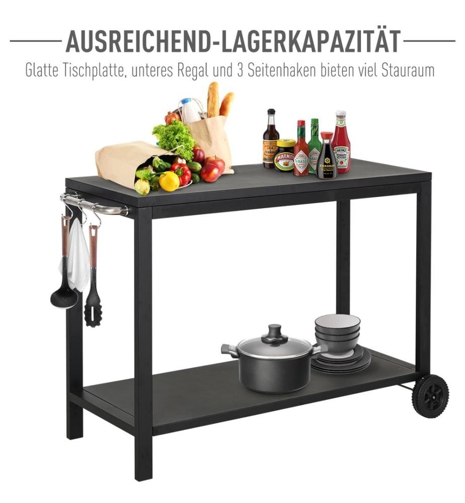 Chariot de service, chariot de cuisine, métal noir, 128 x 46,5 x 86,5 cm